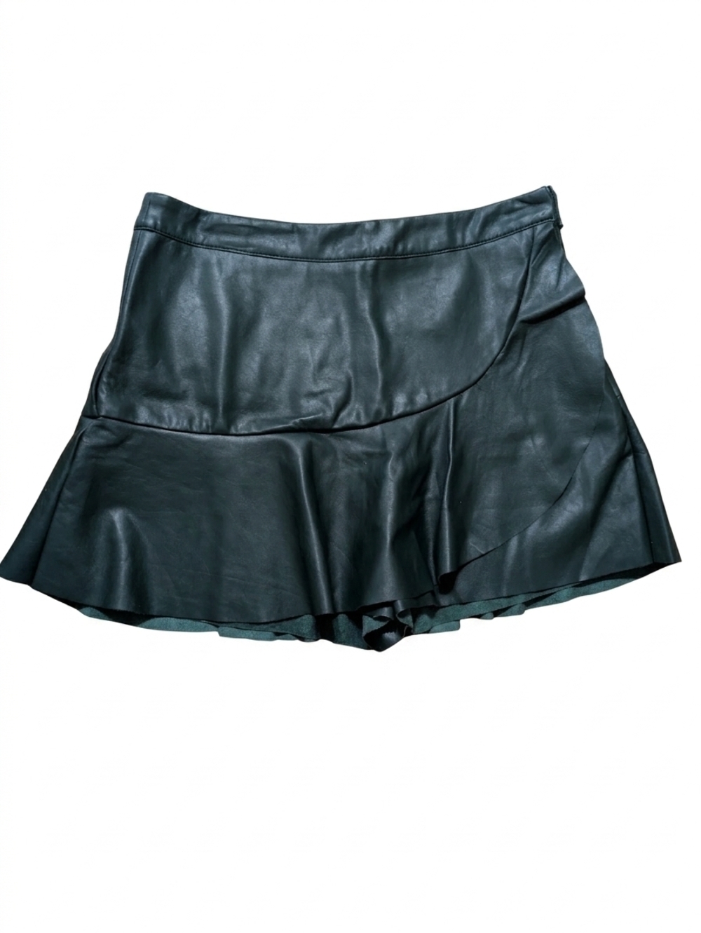 DO+BE Hunter Green Faux Leather Skort NWT Asymmetrical Ruffle Mini Skirt L Fall
